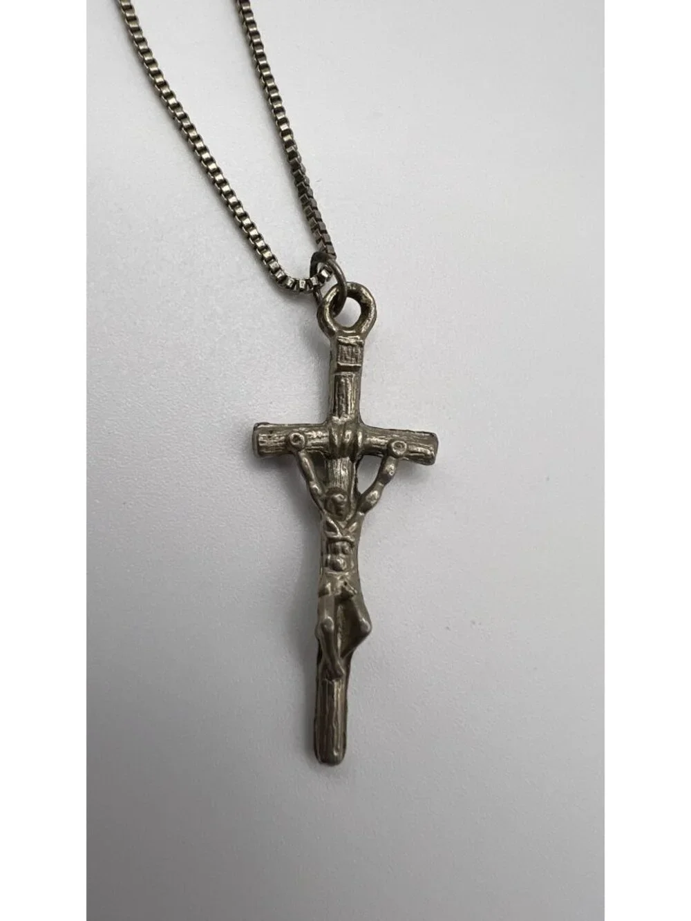 Vintage Silver Crucifix Pendant Necklace With Box Chain Religious Jewelry Lightw